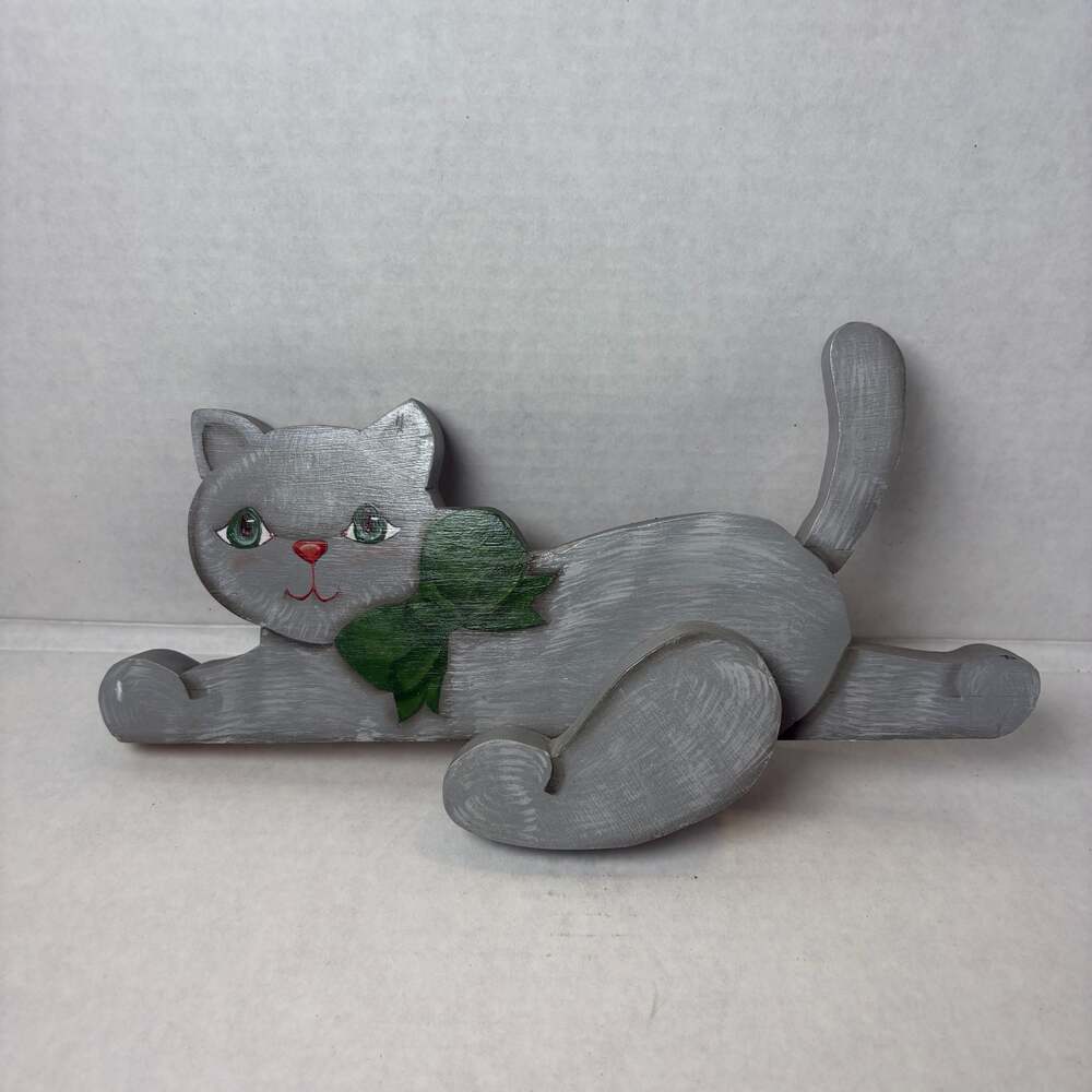 Vintage Handmade Painted Wooden Cat Shelf Sitter with Green Bow